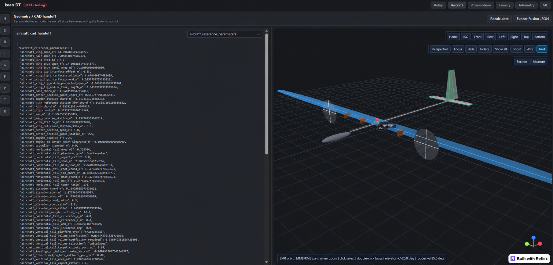 Actual keen DT Geometry and CAD handoff screen showing AURA parameters and the three-dimensional aircraft configuration